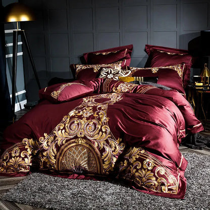 Embroidered Chinese cotton quilt cover in grey or red with plant and flower pattern for 1.8m 6ft bed