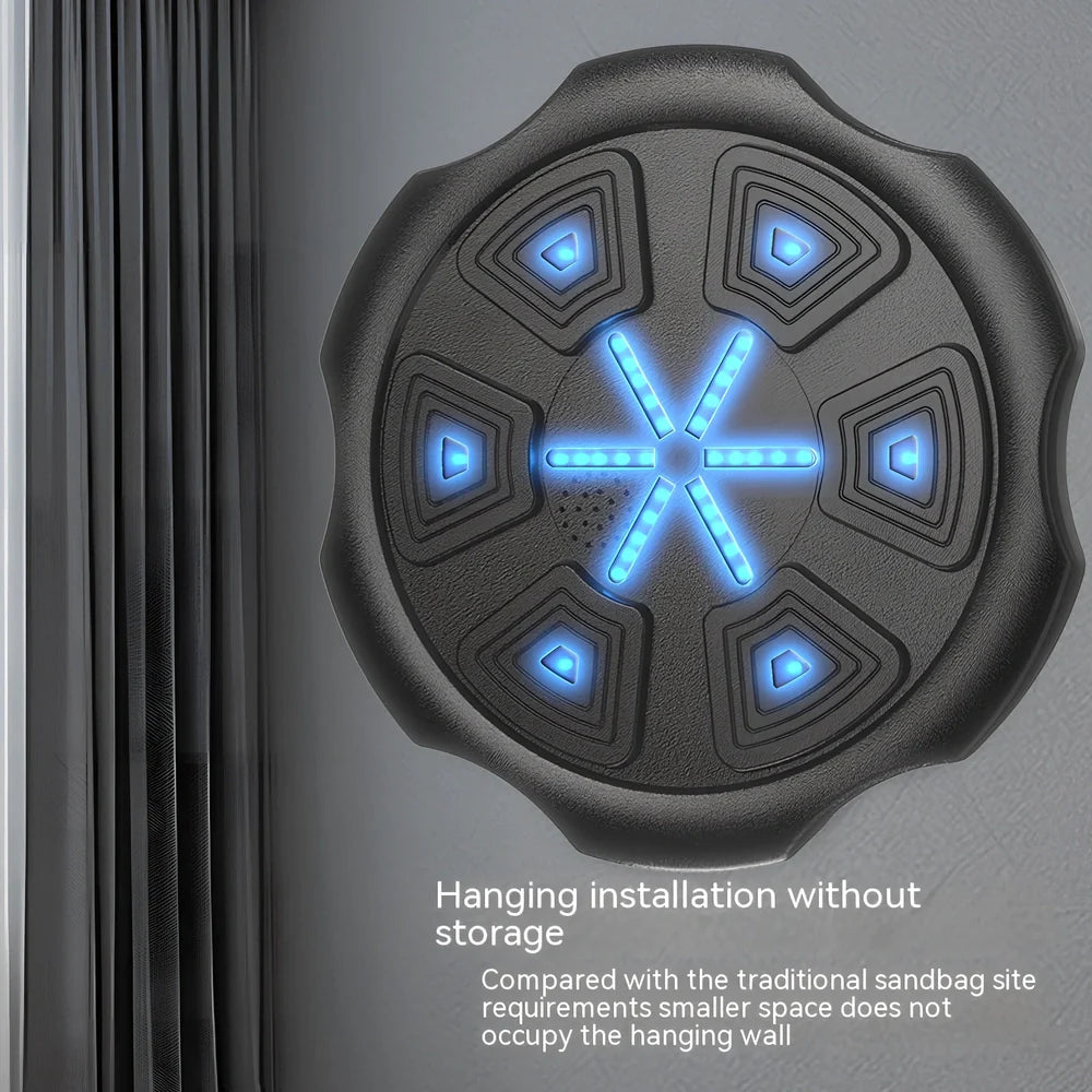 Blue hexagonal boxing machine with gloves, 430mm square target with musical feedback system