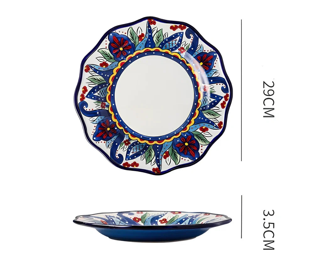 Underglaze ceramic bowl with Bohemian floral pattern in blue mandarin duck design, 8 inch diameter