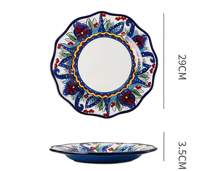 Underglaze ceramic bowl with Bohemian floral pattern in blue mandarin duck design, 8 inch diameter