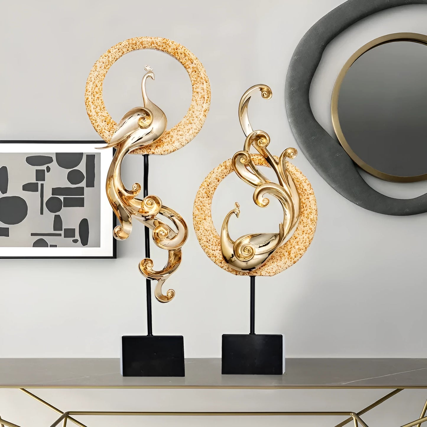European-style phoenix ornament craft in synthetic resin with intricate detailing, available in festive red, rose gold, or elegant silver finishes