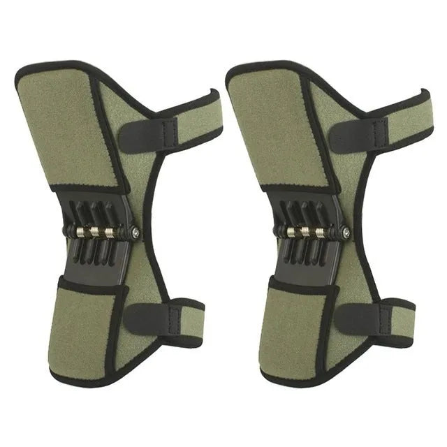 Adjustable spring knee brace for sports support in black, shown with straps.