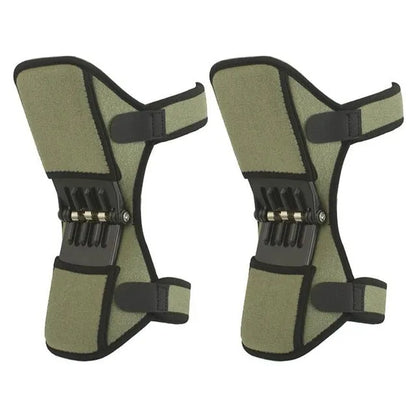 Adjustable spring knee brace for sports support in black, shown with straps.