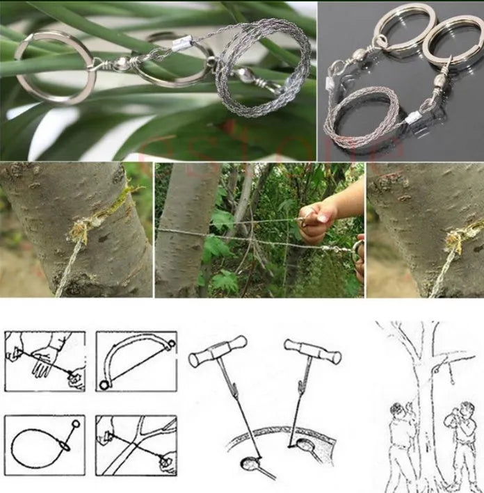 Outdoor survival wire saw with stainless steel blade and pull ring handles for camping and bushcraft