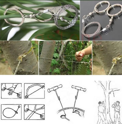 Outdoor survival wire saw with stainless steel blade and pull ring handles for camping and bushcraft