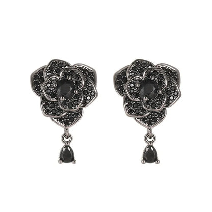 Black rose flower-shaped stud earrings with zircon inlay on gold-plated copper