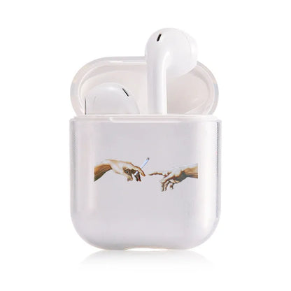 Transparent plastic protective cover on an Apple AirPods Pro charging case.