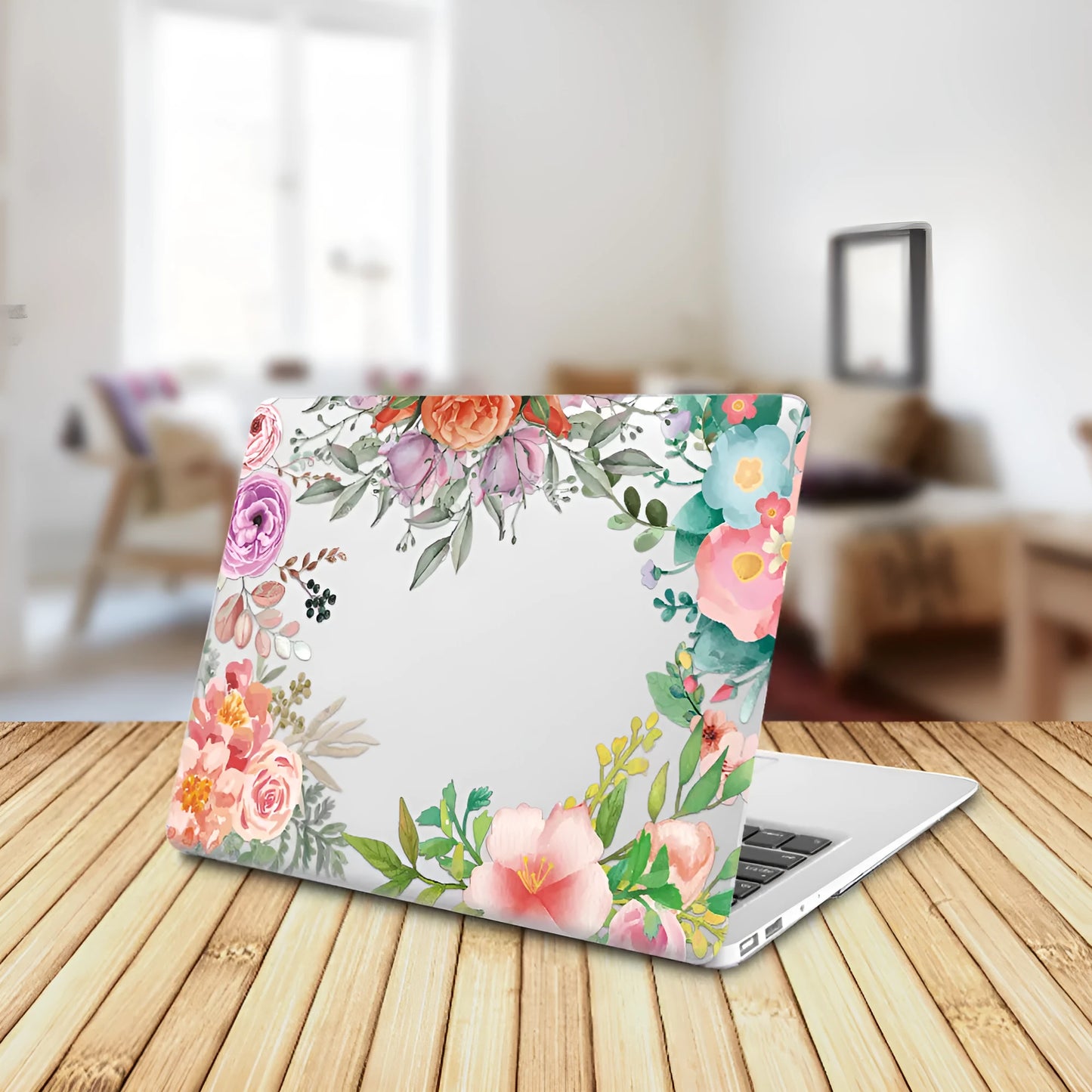 Plastic protective shell with floral pattern for Apple MacBook laptop showing sampling flower design