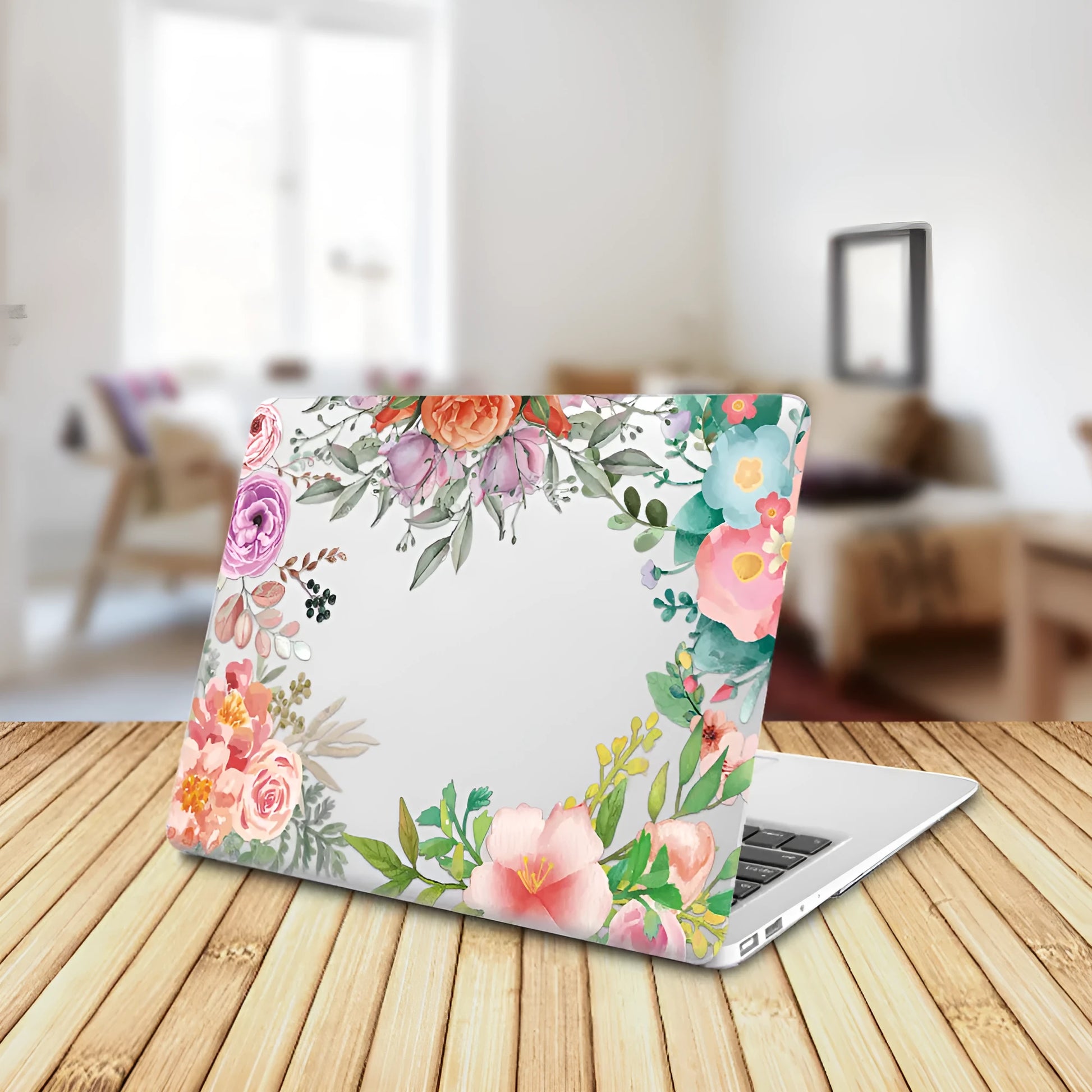Plastic protective shell with floral pattern for Apple MacBook laptop showing sampling flower design