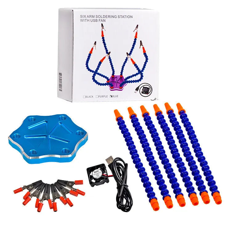 Black aluminium six-jaw welding station with seven adjustable arms and a rotating chuck for model repair soldering.