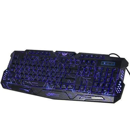 Black USB gaming keyboard with blue purple red LED backlight, 49cm x 19cm, laser-engraved keys, adjustable stand