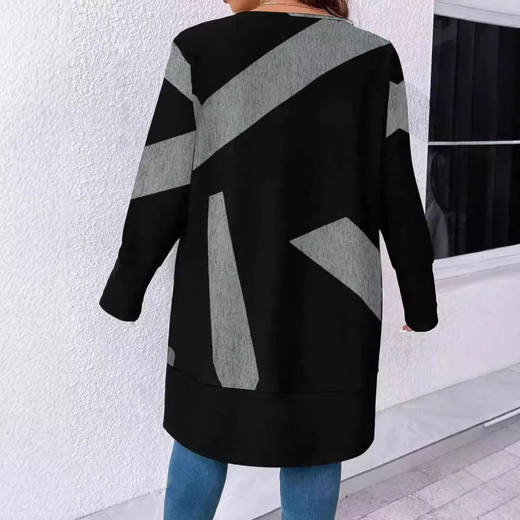 Black loose plus size cardigan with button stitching on the front.