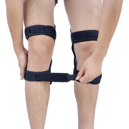 Adjustable spring knee brace for sports support in black, shown with straps.