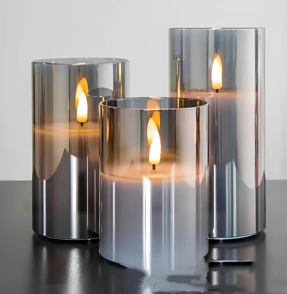 Electroplated glass LED electronic candle with gold finish and realistic flame simulation