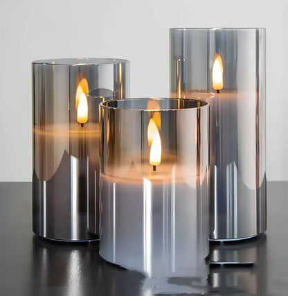 Electroplated glass LED electronic candle with gold finish and realistic flame simulation