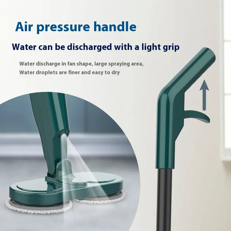 White and green cordless floor cleaning machine with sweeping brushes and water tank.
