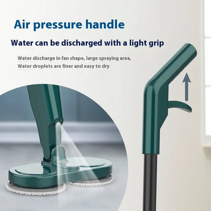 White and green cordless floor cleaning machine with sweeping brushes and water tank.