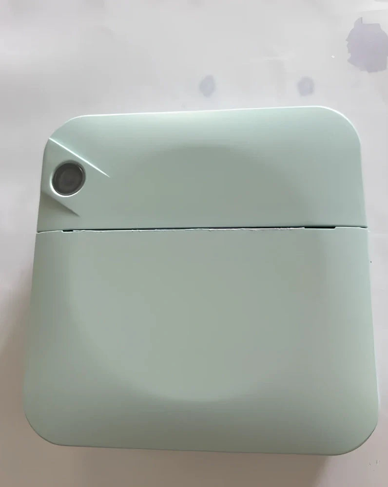 Blue mini thermal printer measuring 80x80x35mm with Bluetooth connectivity for student study organisation