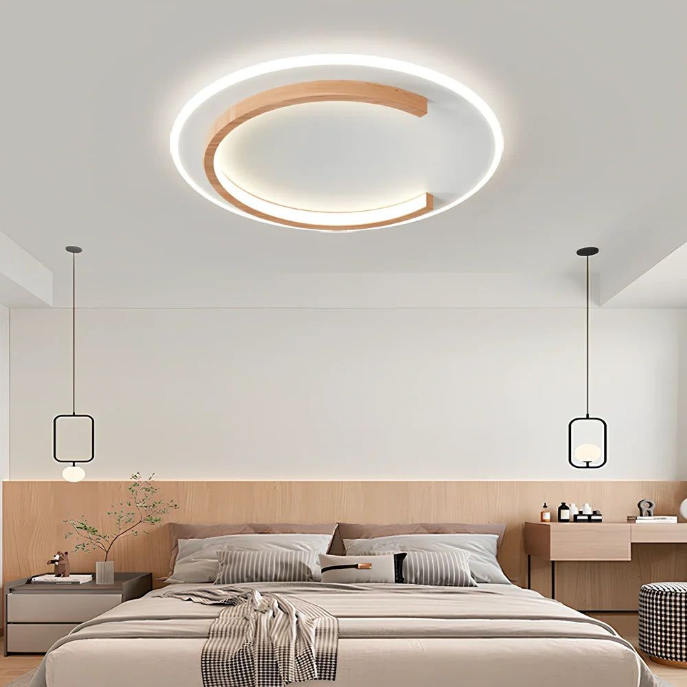Round wooden ceiling LED light with stepless dimming control for bedroom installation
