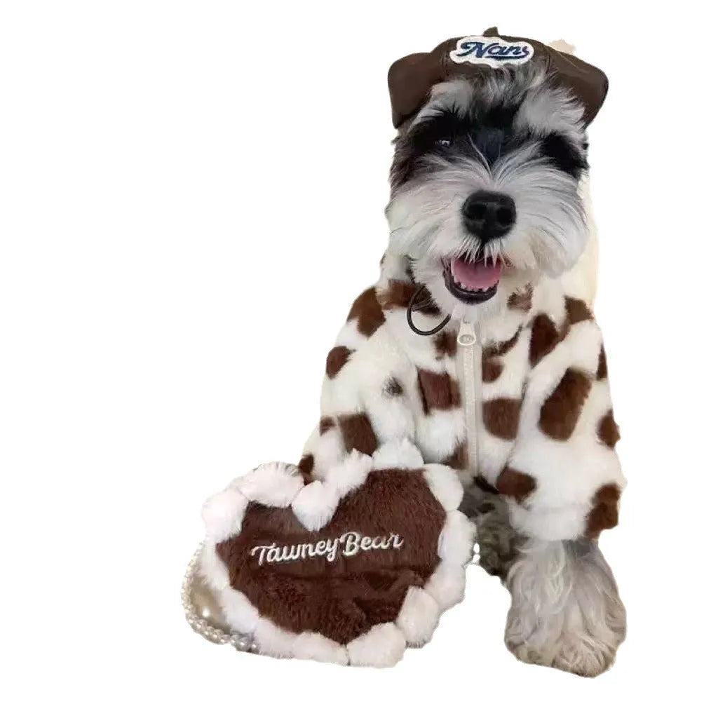 Polyester plush coat for small dogs in British style with fleece lining, shown in pink colour