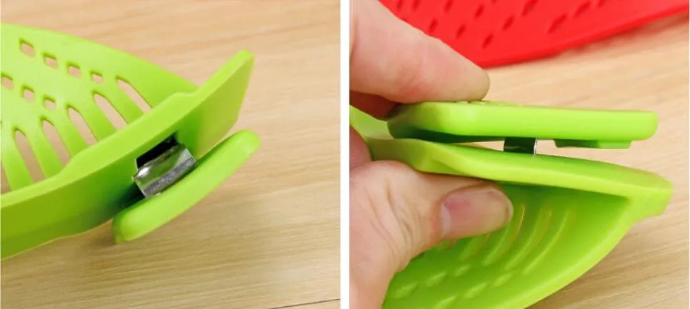 Silicone clip-on kitchen strainer with stainless steel frame attached to pot rim