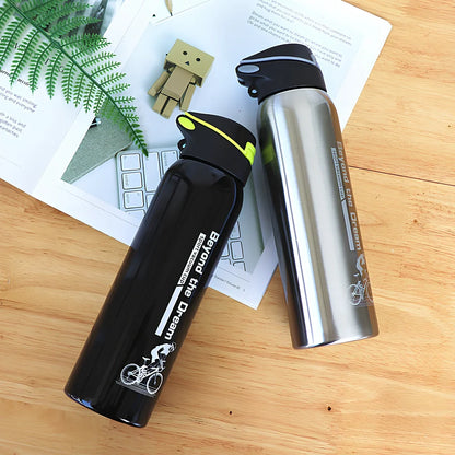 500ml stainless steel sport thermos water bottle in pink, black, green, and silver colours showing straight-cut design