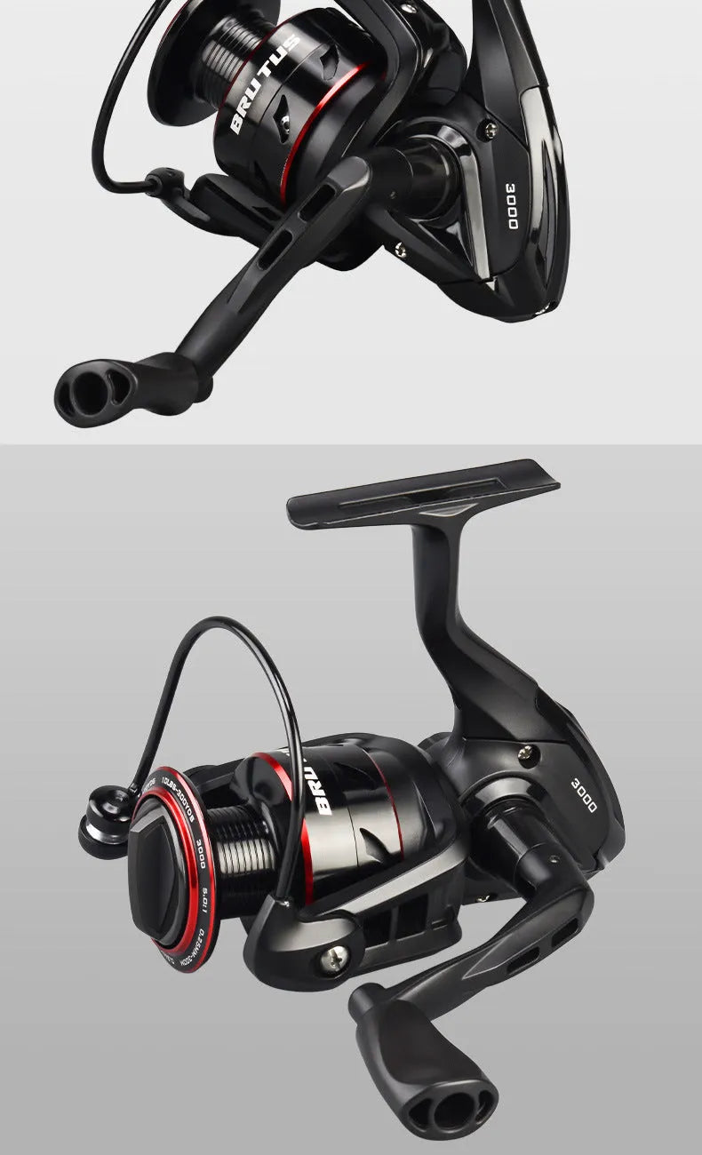 All-metal spinning fishing reel and collapsed telescopic rod combo on a background