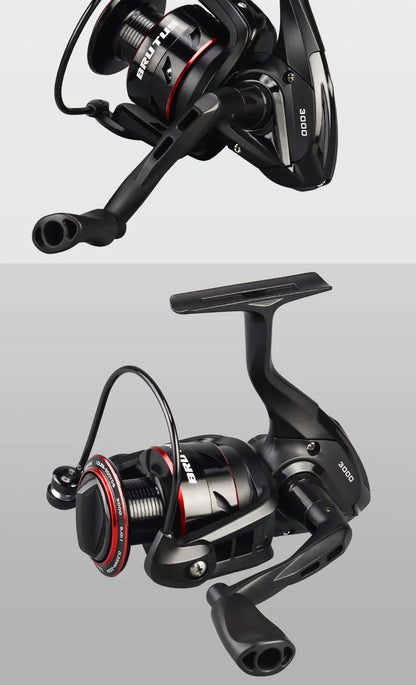 All-metal spinning fishing reel and collapsed telescopic rod combo on a background