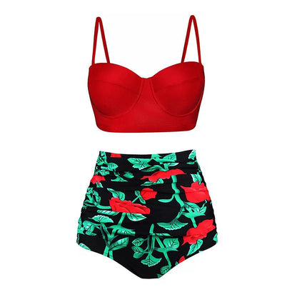 Retro floral high waist bikini set with push-up support for women