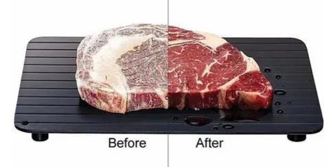 Black aluminium fast defrosting tray for kitchen use, shown thawing frozen meat.