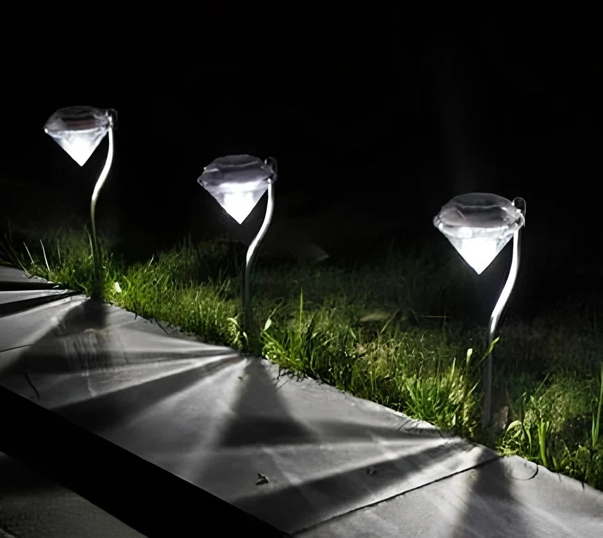 Solar powered garden diamond light with white and multicolor LED options for outdoor illumination