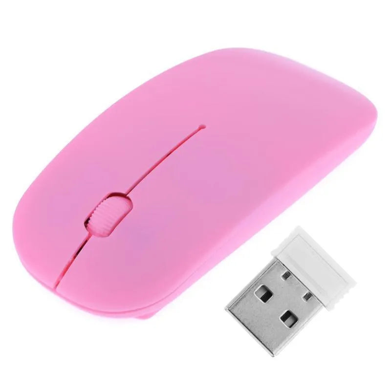 Thin wireless mouse in black, blue, green, pink, purple, red or white, with 10m range and adjustable dpi.
