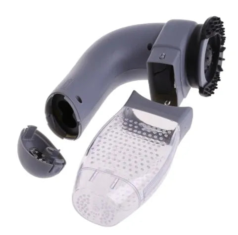Grey portable pet hair vacuum cleaner with soft rubber head for grooming cats and dogs.