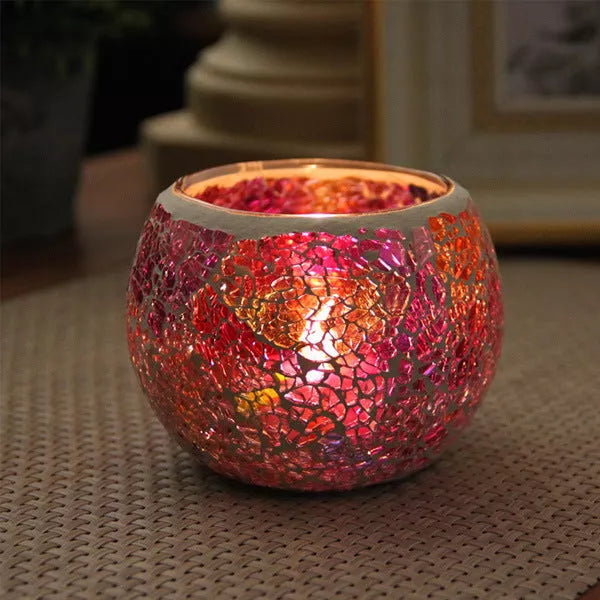 Mosaic glass candle holder in vibrant colors with elegant mosaic pattern