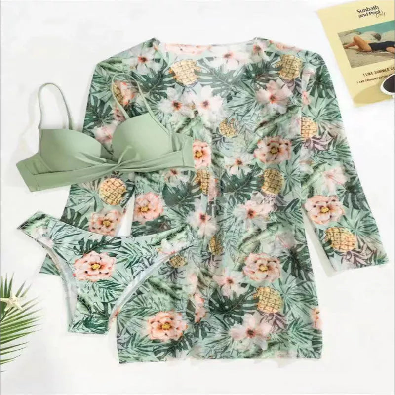 European and American three-piece swimsuit set in polyester for swimming and wading