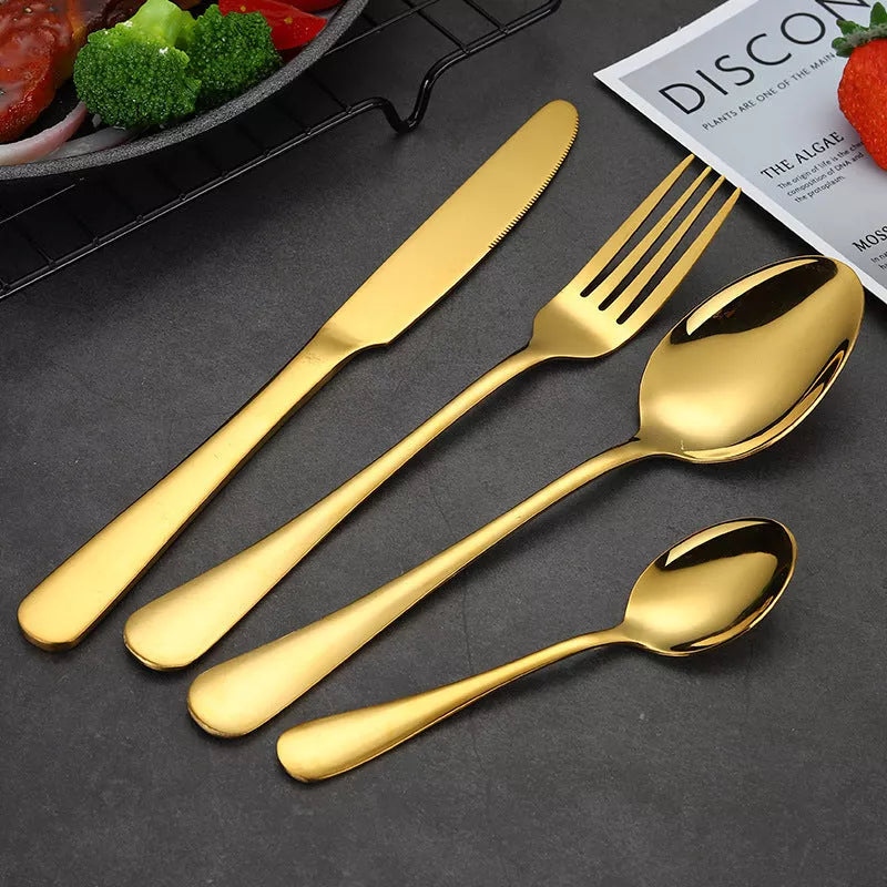 Stainless steel 24-piece tableware set with knives, forks, and spoons in rose gold, black, and gold