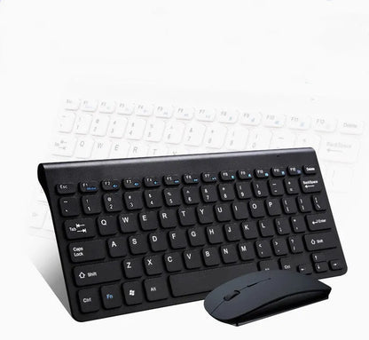 Black and white wireless keyboard and mouse set on a desk with 4G dongle