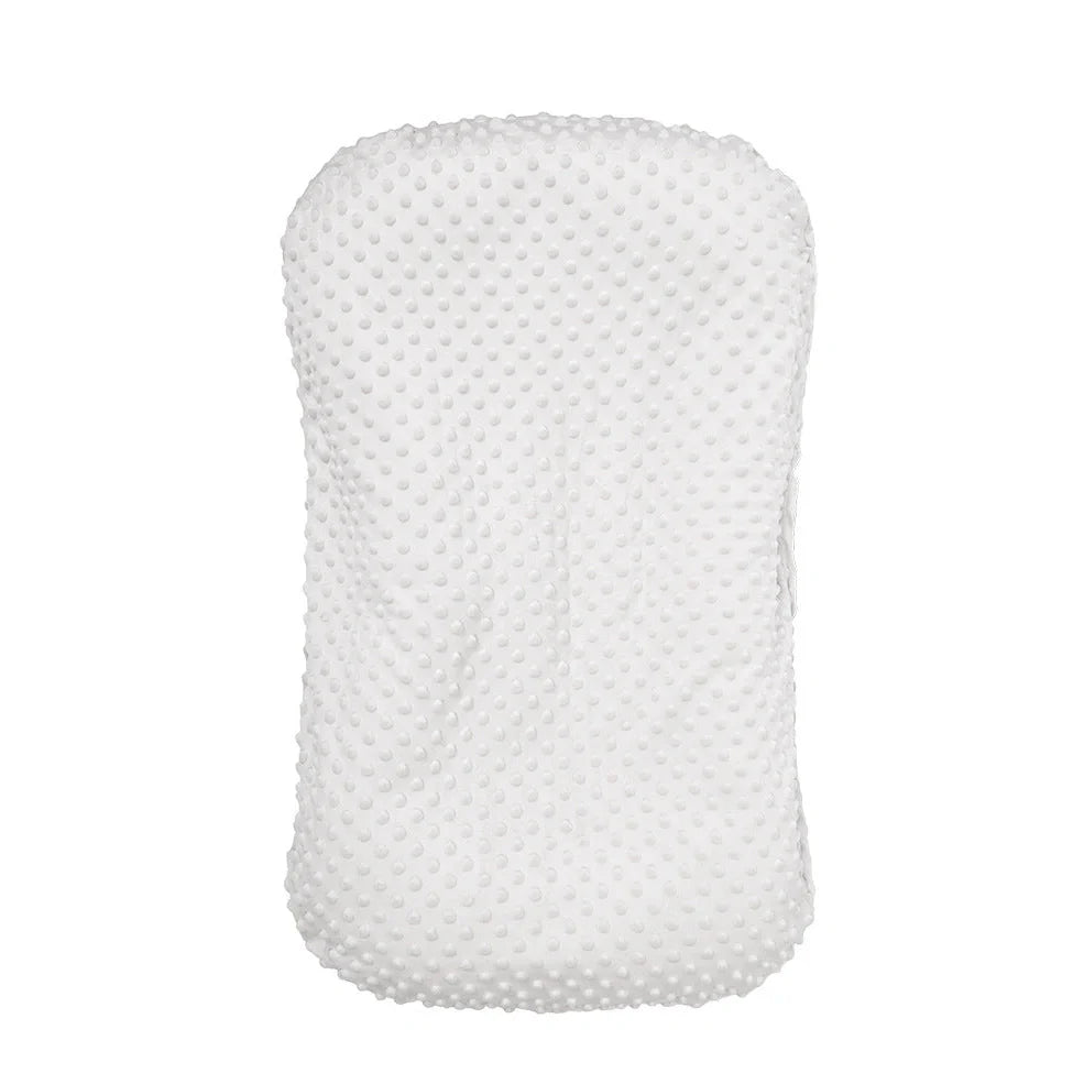 Portable crib with interchangeable fabric cover showing 75x45cm dimensions and multiple colour options