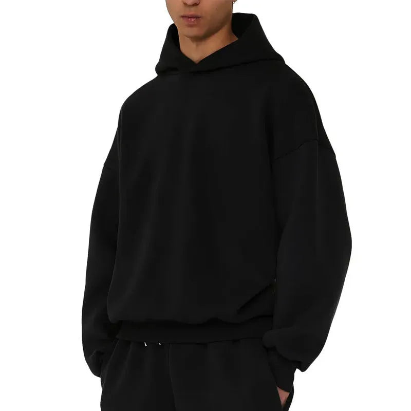 Men's solid colour fleece-lined hoodie with wool lining in pullover style