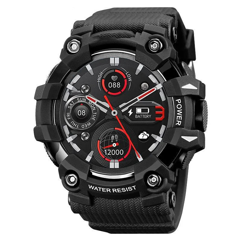 56mm round smart watch with touch screen displaying health metrics, featuring TPU strap and mineral strengthened glass, 50m waterproof