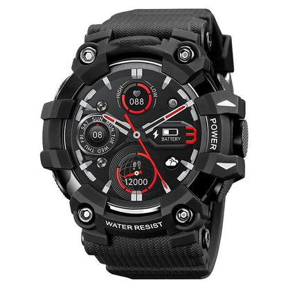 56mm round smart watch with touch screen displaying health metrics, featuring TPU strap and mineral strengthened glass, 50m waterproof