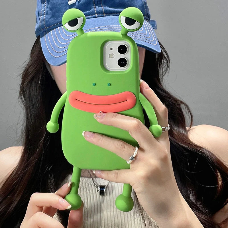 Cartoon Frog Silicone Shockproof iPhone Case in pink and green