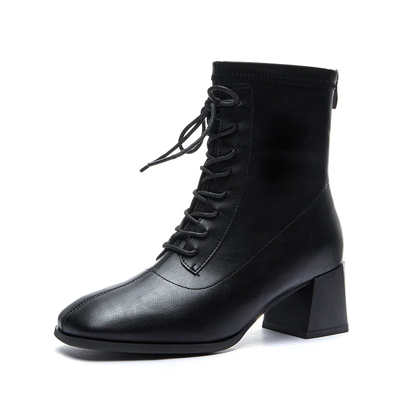 Fashion Heightened Middle Tube Strap Elastic Thin Leather Boots in Black
