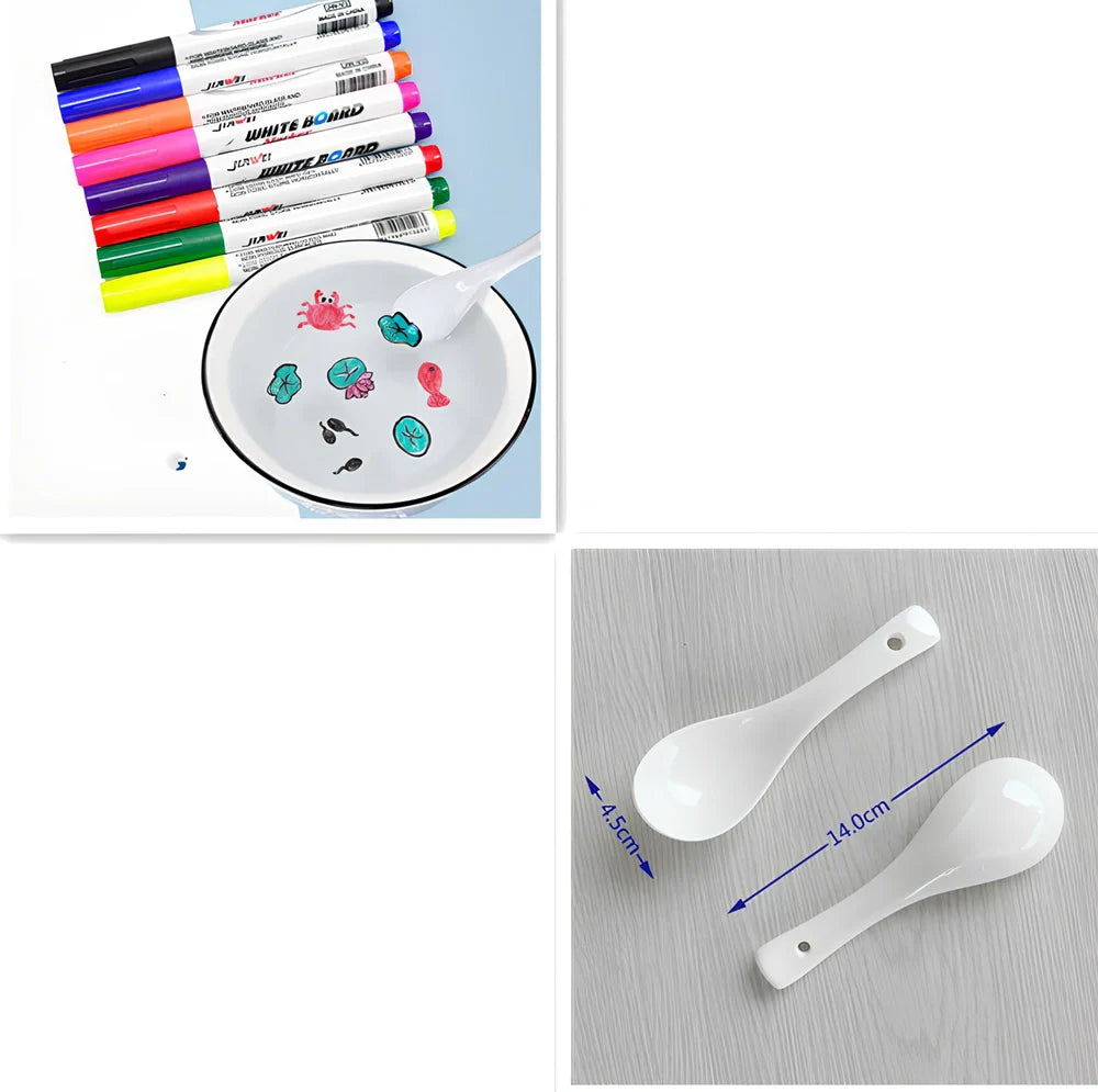 Children's 12-colour floating pen water painting set with plastic spoon, 15cm pens for mess-free art on paper