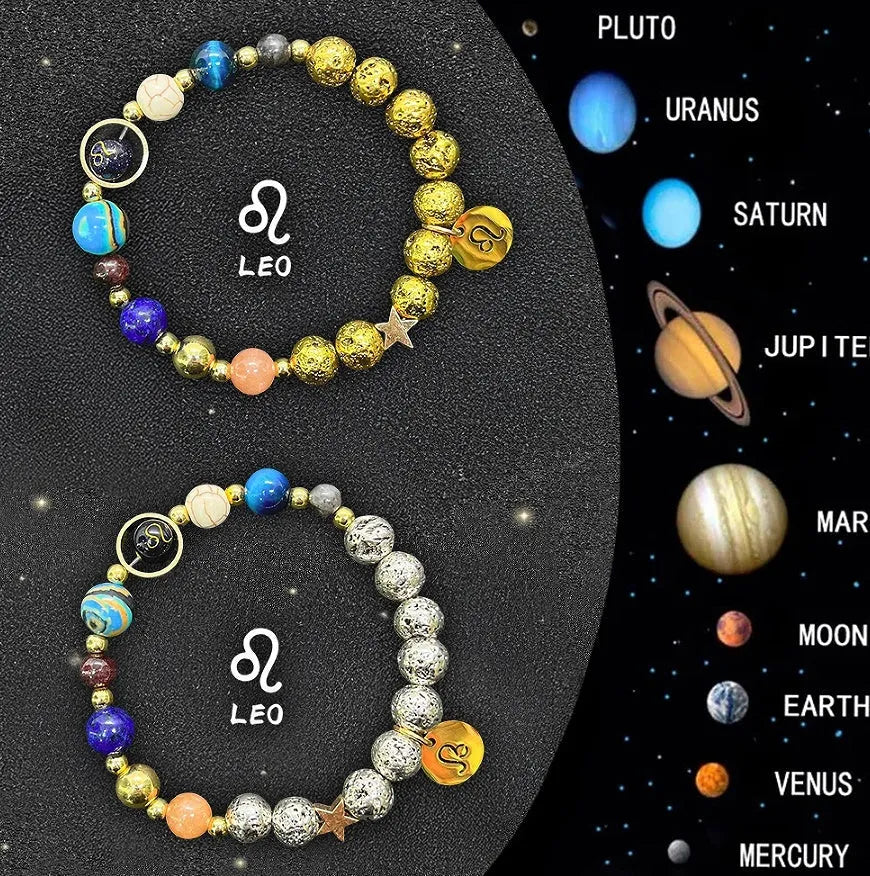 Two adjustable beaded bracelets with zodiac signs on natural stone beads, length 18-22cm