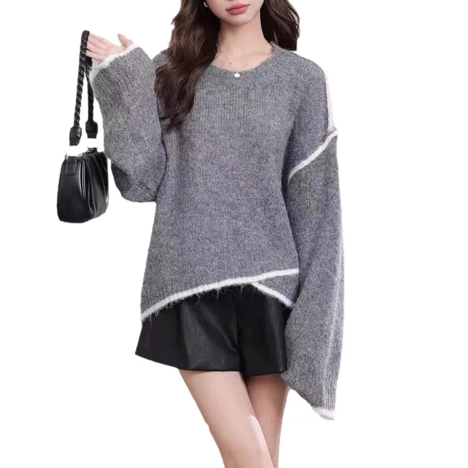 Women's loose cotton pullover sweater in gray or milky white with regular sleeves, free size