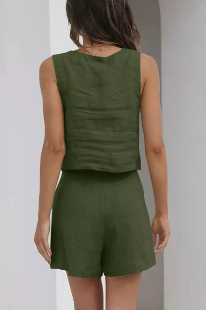 Women's 2-piece cotton linen square neck top and shorts set in various colors