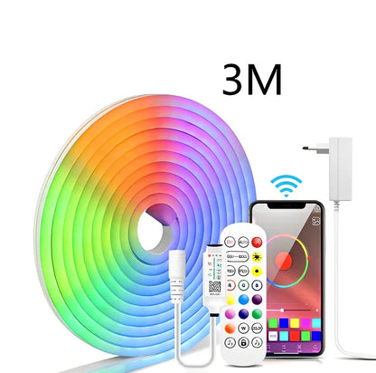 Flexible 12V RGB LED neon strip, 6mm x 15mm waterproof design with Bluetooth controller for home decor, 1-5m lengths