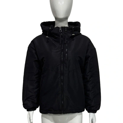 Women's grey hooded shell jacket with loose fit and long sleeves on hanger