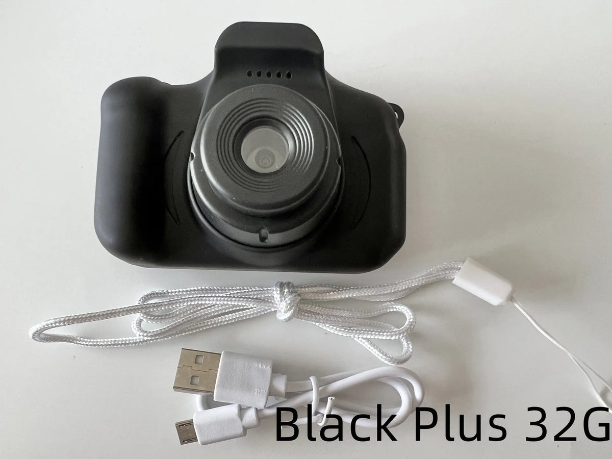 Colourful kids digital camera with silicone case showing 2-inch screen and lens.